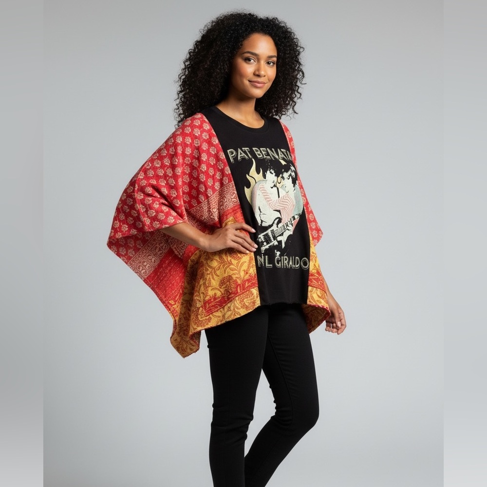 PAT BENATAR Handmade Upcycled Poncho Style Top Oversized Granny D Originals - Picture 2 of 5